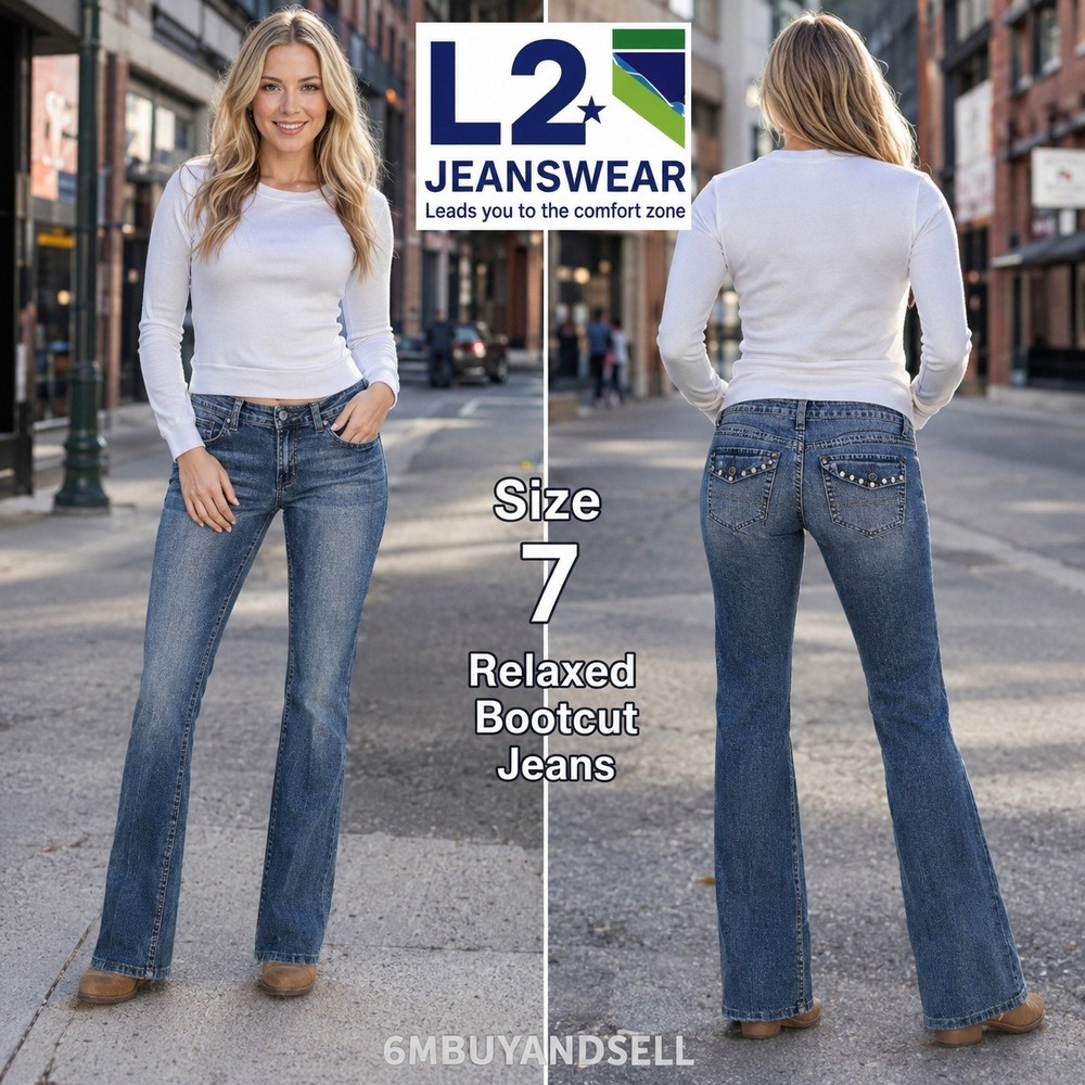 L2 Jeanswear Womens Size 7 Relaxed Bootcut Jeans Blue Denim Embellished Low Rise